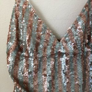 Pink and teal striped sequin top